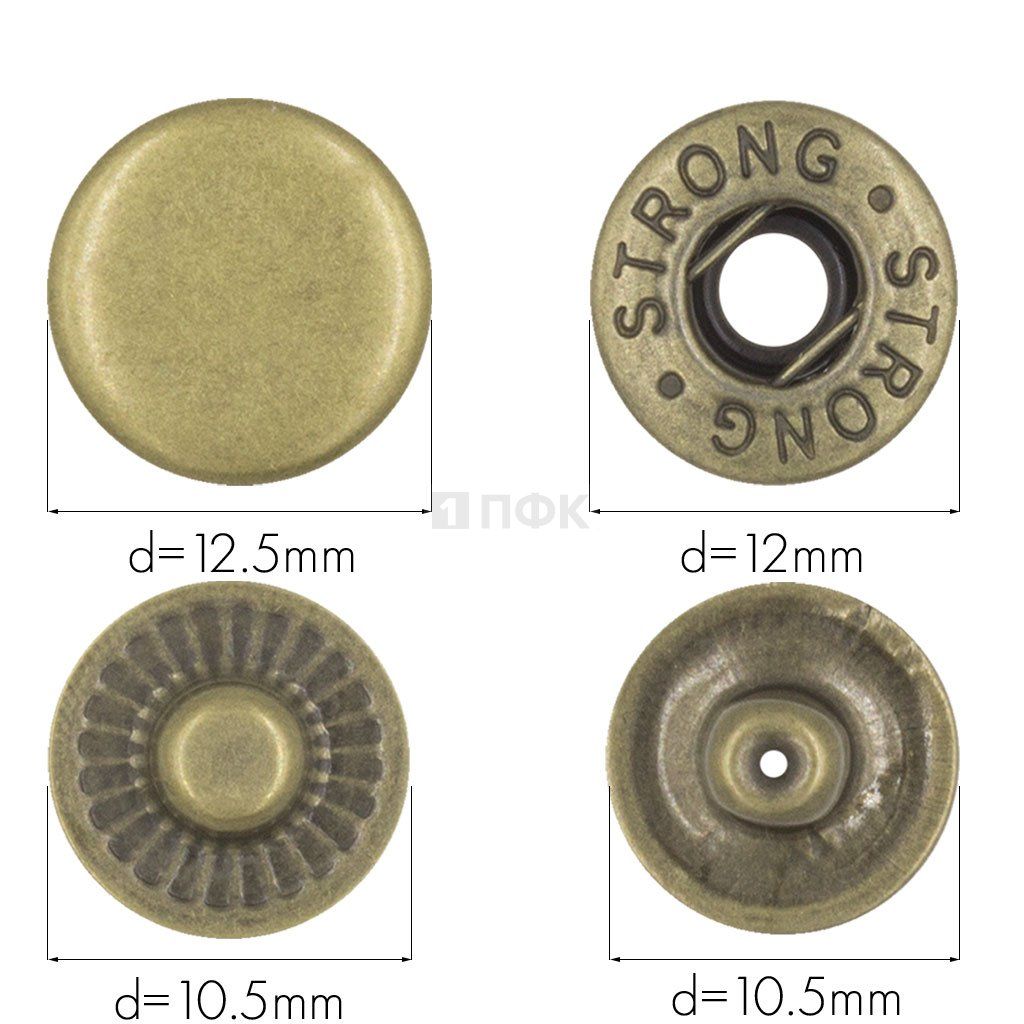 Кнопка для одежды 12,5мм Альфа латунь цв антик (уп 1440шт) STRONG